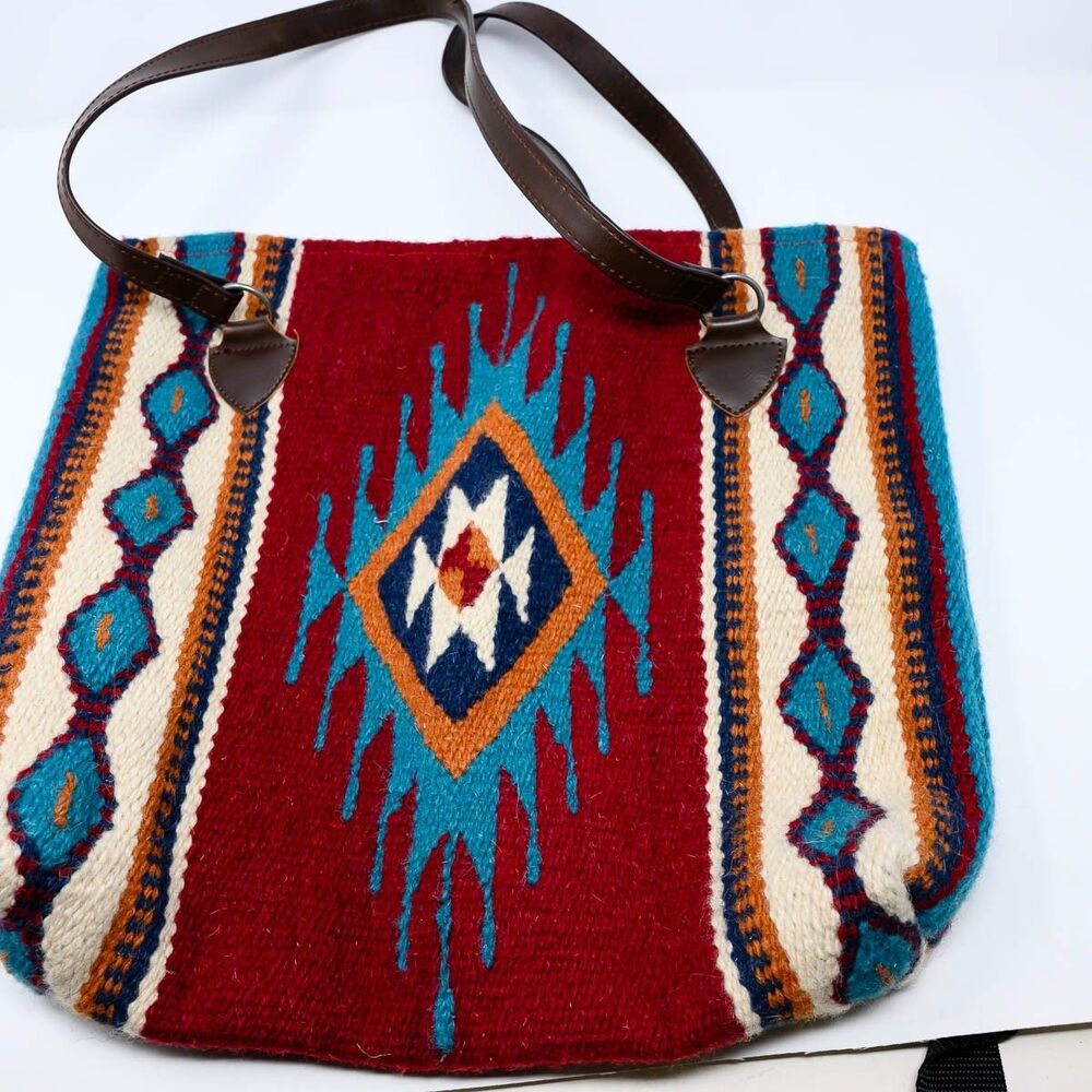 El Paso Saddle Blanket CO Wool Aztec Southwest Zip Closure Large Tote Bag - Picture 4 of 8